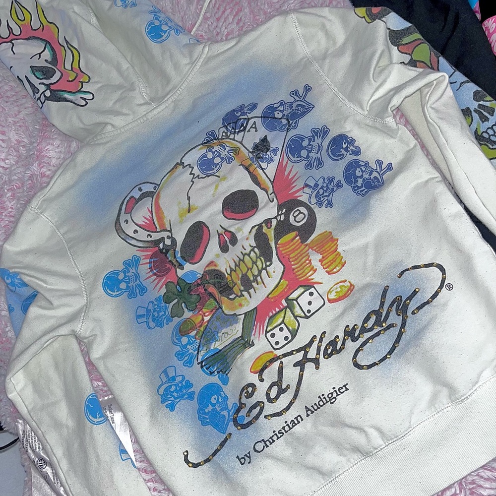 Ed Hardy Cream Skull and Dice Hoodie